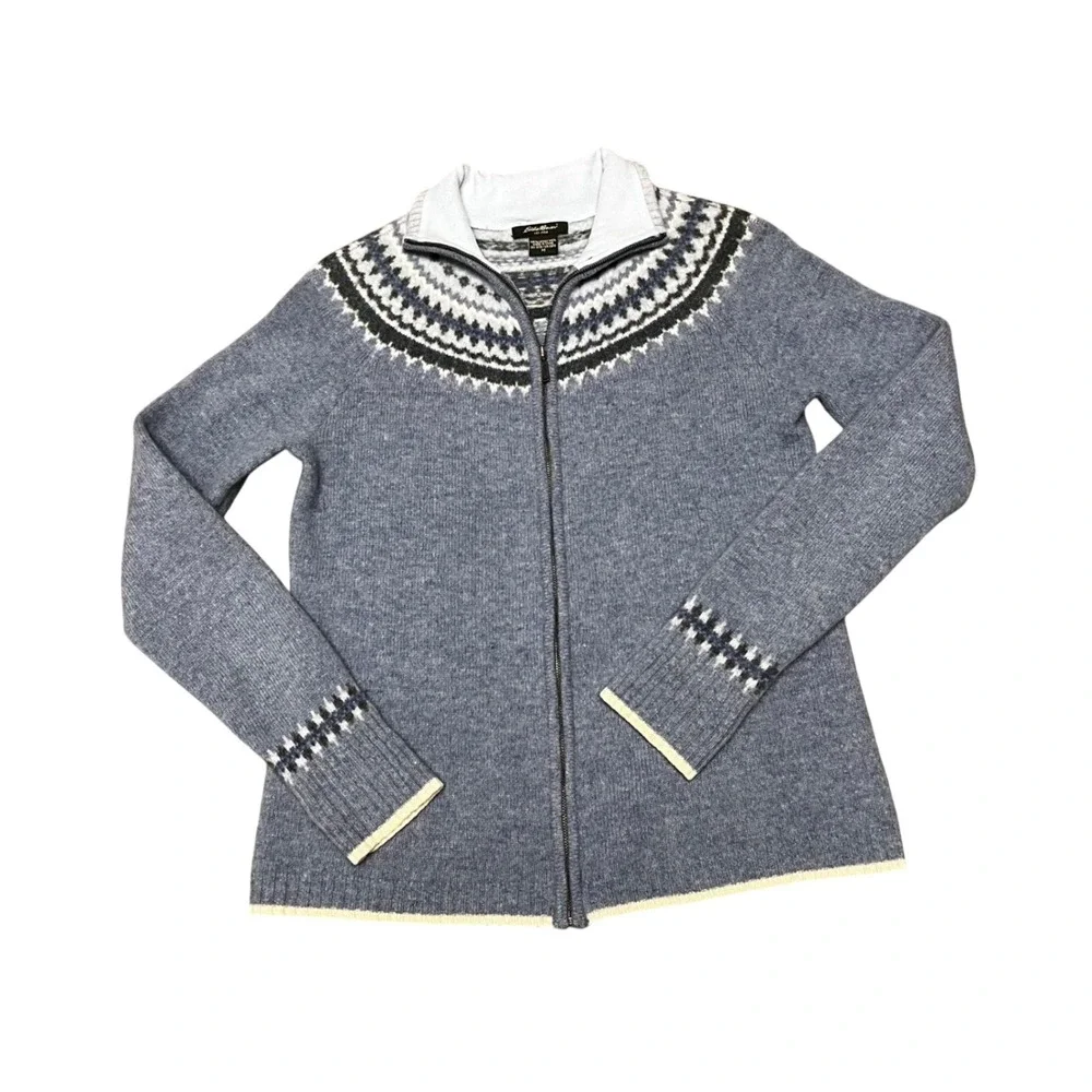 Eddie Bauer 100% Lambswool Fair Isle Nordic Zip Cardigan Sweater M Vintage‎